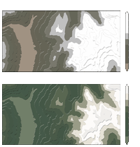 two images showing terrain with filled contours, the top image (titled: March) is more brown, and the snow extends lower down the valley; the bottom image (titled: August) is greener with a higher snow line