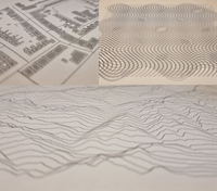 collage of three soft-focus images. top left, a map, showing buildings drawn with hatches; top right a wavy moire pattern; bottom a ridge plot