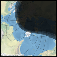 the world map in the Spilhaus projection. The upper right half, (Asia, Europe and much of Africa) is in relative darkness (night). The line between day and night is a smooth curve. Antarctica, in the middle of the map is in daylgiht, along with the Americas, which are heavily distorted due to the projection and wrap around the left and bottom edge of the frame. There are three progressively lighter bands between the night and day, indicating cival, nautical and astronomical twilight. These bands cross Greenland, western edges of Europe, west Africa and Eastern Australia.