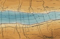 A (low-res) excerpt of a topo-bathy map. The terrain is shown in earth brown-ish tones. The water is shown in calm blues