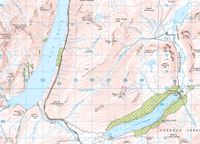 An excerpt of an Ordnance Survey Landranger Map (Sheet 42). The maps shows the topography and inclues Loch Ossian and the southern end of Loch Treig. Loch Ossian features bathymetric contours, Loch Treig does not...