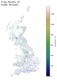 A map of the UK made entirely of points where there are trig pillars. The poitns are coloured according to their elevation