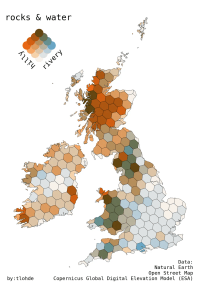 A map showing the UK and Ireland on a white background, the land is covered in a hexagonal grid, with each cell coloured using a the bivariate color scheme. Cells that have: neither hills nor water are in pale grey; lots of hills and no water in orange; lots of water an no hills in blue; and both hills and water in a orange-blue brown mix