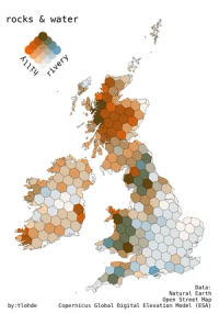 A map showing the UK and Ireland on a white background, the land is covered in a hexagonal grid, with each cell coloured using a the bivariate color scheme. Cells that have: neither hills nor water are in pale grey; lots of hills and no water in orange; lots of water an no hills in blue; and both hills and water in a orange-blue brown mix