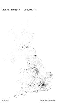 A map of the UK and Northern Ireland composed entire of black dots where public benches are. City centres are clearly visible, as aside from the much of Scotland, the coastline is clearly defined