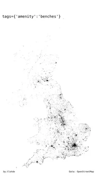 A map of the UK and Northern Ireland composed entire of black dots where public benches are. City centres are clearly visible, as aside from the much of Scotland, the coastline is clearly defined