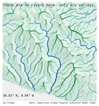 A terrain map showing a hillshaded surface, coloured in blues and greens with blues denoting valley axes, and greens ridges