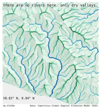 A terrain map showing a hillshaded surface, coloured in blues and greens with blues denoting valley axes, and greens ridges