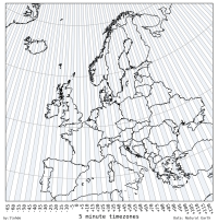 A map of Europe divided into regularly spaced timezones that are 5 minutes wide