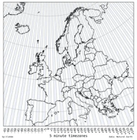 A map of Europe divided into regularly spaced timezones that are 5 minutes wide