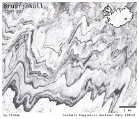 A satellite image from Brúarjökull in Iceland, with squiggly lines in alternating black and white