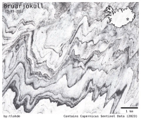 A satellite image from Brúarjökull in Iceland, with squiggly lines in alternating black and white
