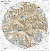 A topographic map showing contour lines, peaks, glaciers and lakes in the McMurdo Dry Valley region of Antarctica