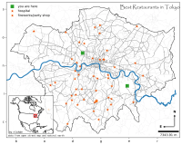 An absurdist map. Titled: Best Restaurants in Tokyo. But showing a mirror imaged version London (UK), with the river Thames running through it. There are two green squares denoted 'you are here'; and the legend entires for 'hospital' and 'firework/party shop' share the same symbol: an orange star. The scale bar is of length 7343.91 m. The North arrow shows that North is up, and that east is to the left. The grid ticks read 'S O N I C' on the y-axis and 'B A D G E R' on the x-axis. The inset map that is supposed to show the extent of the main map is centered on London, Ontario.