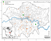 An absurdist map. Titled: Best Restaurants in Tokyo. But showing a mirror imaged version London (UK), with the river Thames running through it. There are two green squares denoted 'you are here'; and the legend entires for 'hospital' and 'firework/party shop' share the same symbol: an orange star. The scale bar is of length 7343.91 m. The North arrow shows that North is up, and that east is to the left. The grid ticks read 'S O N I C' on the y-axis and 'B A D G E R' on the x-axis. The inset map that is supposed to show the extent of the main map is centered on London, Ontario.