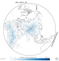 Azimuthal Equidistant map centered on Central Asia, with contours across Asia and Africa showing distance to coast