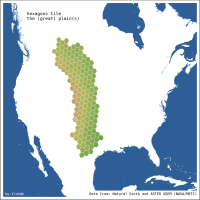 A map of north america with a hexagonal grid across the great plains, with each cell coloured in a shade of green-brown depending on the elevation in that cell. The map is titled 'hexagons tile the (great) plains'