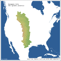 A map of north america with a hexagonal grid across the great plains, with each cell coloured in a shade of green-brown depending on the elevation in that cell. The map is titled 'hexagons tile the (great) plains'