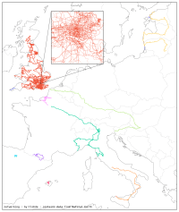 A map of western Europe with a handful of different coloured lines across France, Switzerland, Northern Italy, and the Baltic States, and lots of interseting lines in the UK. An inset shows a zoomed in section on central London