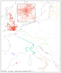 A map of western Europe with a handful of different coloured lines across France, Switzerland, Northern Italy, and the Baltic States, and lots of interseting lines in the UK. An inset shows a zoomed in section on central London