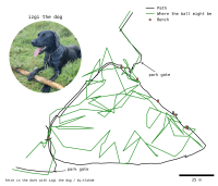 Two gpx traces; one black which draws an approximate triangle, and one green which scribbles all over the place; in the top right is a photo of a black dog laying on the ground with a stick. The map legend indicateds the black line is the 'path', and the green line is 'where the ball might be'. Brown circles denote benches along the path