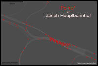 minimalistic representation of Zürich Hauptbanhof. Thin white lines depicting the railway lines are shown on a grey background, with all the railpoints (aka switches) shown as red circles