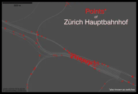 minimalistic representation of Zürich Hauptbanhof. Thin white lines depicting the railway lines are shown on a grey background, with all the railpoints (aka switches) shown as red circles