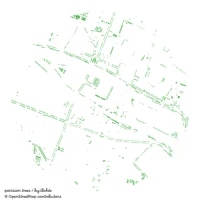 A series of small green circles, depicting the locations of mapped trees in OpenStreetMap in Paris, centered on Île de la Cité.