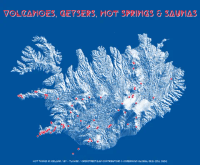 A shaded relief map of iceland in shades of blue, on a dark blue sea, with points of red where there are 'Volcanoes, Geysers, Hot Springs & Saunas', which is written across the top in a viking-esque font 