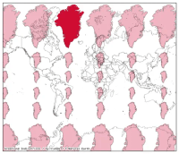A world map in the Mercator projection with a 6x6 grid of the true size of Greenland overlaid in pale pink, except for one, which is in red where Greenland actually is. Nearer the equator Greenland apperas smaller, highlighting how distorting this projection is