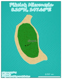 A map showing the small island of Pikelot, Micronesia, There is a beach, shown in sandy colours around the endge of island. The centre is green with a few darker green dots, and a single black `+` labelled 'Chapel'. The island is ringed by pale blue concentric circles of progressively decreasing opacity