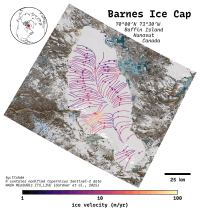 A map titled: Barnes Ice Cap, Baffin Island, Nunavut, Canada. The map is comprised of a Sentinel-2 RGB image satellite image showing the ice cap which is up to 60 km across and in excess of 100 km long. Surrounding the ice cap are mountains, some with snow covered peaks, others rocky, along with many bright blue lakes. Overlaid on top of the ice cap are flow lines indicating the direction of ice flow, and colored according to the speed of flow. The lines clearly show the ice divide in the middle of the ice cap. The color of the flow lines is on a logarithmic scale from 0 to 100 m/yr, as shown in the color-bar beneath the main plot. In the upper left is an inset showing where Baffin Island's position to the west of Greenland, and above the north eastern limit of North America. Image credits in the bottom left read: 'by:tlohde / (C) contains modified Copernicus Sentinel-2 data / NASA MEaSURE's ITS_LIVE (Gardner et al., 2025)'