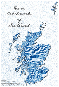 Map titled: 'River Catchments of Scotland'. Distance from catchment boundary is shown as hillshaded topography and coloured using a blue-to-white colourmap. Large catchments, such as the Tweed in the Scottish Borders, Tay in Perth and Kinross, and the Spey all appear as large depressions in the landscape with their catchment boundaries appearing as ridges. The sea is depicted with a random scattering of blue-to-white dots. Credits in the bottom left corner read: 'by:tlohde / OpenStreetMap contributors / includes Crown copyright, Cefas 2023 / League Script by the League of Moveable Type'