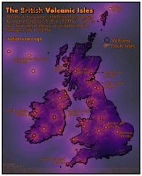 Map of the British Isles showing the location of extinct volcanoes (unfilled black circle markers). and bedrock fault lines (orange lines). The coastline is shown in thick black, with a slight dropshadow. The map is coloured in such that the volcanoes are a bright orange/yellow, and the colour moves to a darker purple with distance from a volcano. The same colourscheme is applied at sea, however with reduced opacity. The title text reads: 'The ~~British~~ Volcanic Isles' with subheading: 'Volcanic activity across the British Isles peaked during the Paleozoic (539 to 252 Ma*), with the last significant eruptions occuring during the Paleogene (66 to 43 Ma).  *million years ago'. A few key volcanoes are highlighted: Anton Dohrn Seamount (70-41 Ma); Erlend (58 Ma); Rum (60 Ma); Ben Nevis (299 Ma); Dundee Law (415 Ma); Arthur's Seat (299 Ma); Loch Na Fooey (490 Ma); Mynydd y Dref (450 Ma); Bardon Hill (570 Ma); Warboys (300 Ma); Gurnard's Head (400 Ma)