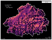 A map of the Cairngorms national park. Black background with white national park border. Within the national park the terrain is represented by colors ranging from black through dark purples to bright orange. Brighter colours represent regions that are 'more visible' than darker regions, as these areas can be seen from more summits. The resulting sum of viewsheds bears strong resemblance to the underlying topography.