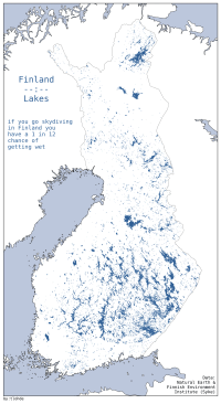 A map of all the lakes in Finland, with the caption: if you go skydiving in Finland you have a 1 in 12 chance of getting wet