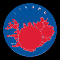 Graphic representation of Iceland. The frame is circular, with a blue background. Iceland is depicted as a series of circles of decreasing size, tightly packed together. The circles are red. The title is ÍSLAND and the capital, Reykjavík, is also labelled. Credits at the bottom read: Encircled Iceland Incircles / by-tlohde / made with Natural Earth