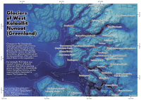 A map showing the bathymetry and sub-glacial topography across West Greenland. The topography is on a black to dark blue to light blue color ramp. Contours are drawn and 250 m intervals. There are many fjords and islands. Several fjords have regions where the depth is 1000+ m. There is a subtle hill-shade layer on top of the terrain. There are ~30 glaciers marked as small orange crosses,  with their names written along side. The names are in Greenlandic, for example: Nunaarsussuup Oqquatungaani Sermikassak, Tassartooq, Sermikassak, Umiammakku Sermiat, Nakkala, and Kangilleq. The map is titled: 'Glaciers of West Kalaallit Nunaat (Greenland)' with the following text below: 'Changes to the Greenlandic language coupled with a history of exploration has led to many glaciers having multiple names. Greenlandic names are typically descriptive, whereas names given during expeditions are often say more about those on the expedition. For example, Rink Isbræ was named in honour of Hinrich Johannes Rink (Isbræ meaning glacier in Danish). Its Greenlandic name: Kangilliup Sermia, can be approximately translated to mean: The Eastern Ice.' In the bottom left the data sources are credited: 'Greenlandic Glacier Names by Bjørk, Anders; Kruse, Lisathe; Michaelsen, Peter (2015). https://doi.org/10.6084/m9.figshare.1449148.v2 & BedMachine Greenland by Morlighem, M. et al. (2022). https://doi.org/10.5067/GMEVBWFLWA7X. Date Accessed 24-11-2025.' & in the bottom right it reads : 'by:tlohde'