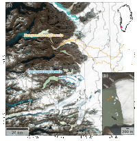 A satellite image showing a few outlet glaciers in west Greenland. Two are labelled: In orange: Kangaasarssup Sermia (KS) and in blue Isortuarsuup Sermia (IS). An inset shows a close up of the terminus of IS where ice bergs can be seen in the lake.