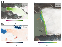 Three subplots, the two on the left cover the same extent, and the one on the right shows a smaller area contained within. The top left shows change in ice veloicty (green=faster, pink=slower). There is no pink, and the intensity of green increases towards the glacier. In the lower left the rate of surface elevation change is shown where red=thinning, blue=thickening; much of the glacier has thinned with the greatest thinning near the terminus. Two water bodies indicate some increases in elevation, however dh/dt values over water are not to be trusted. On the right, a close up satellite image of a glacier terminus with multiple terminus traces shown for a 6 year 2014-2020 period. Some terminus retreat is visible at the northern end of the glacier, near some grounded icebergs