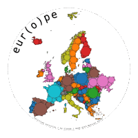 Graphic representation of Europe. The frame is circular, each country is depicted as a series of circles of decreasing size, tightly packed together. The title is: eur(o)pe. Credits at the bottom read: Encircled Incircles / by-tlohde / made with Natural Earth