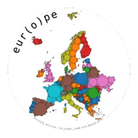 Graphic representation of Europe. The frame is circular, each country is depicted as a series of circles of decreasing size, tightly packed together. The title is: eur(o)pe. Credits at the bottom read: Encircled Incircles / by-tlohde / made with Natural Earth