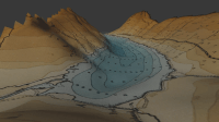 a 3d view of an old topographic map, showing both the mountainous terrain and the bathymetry